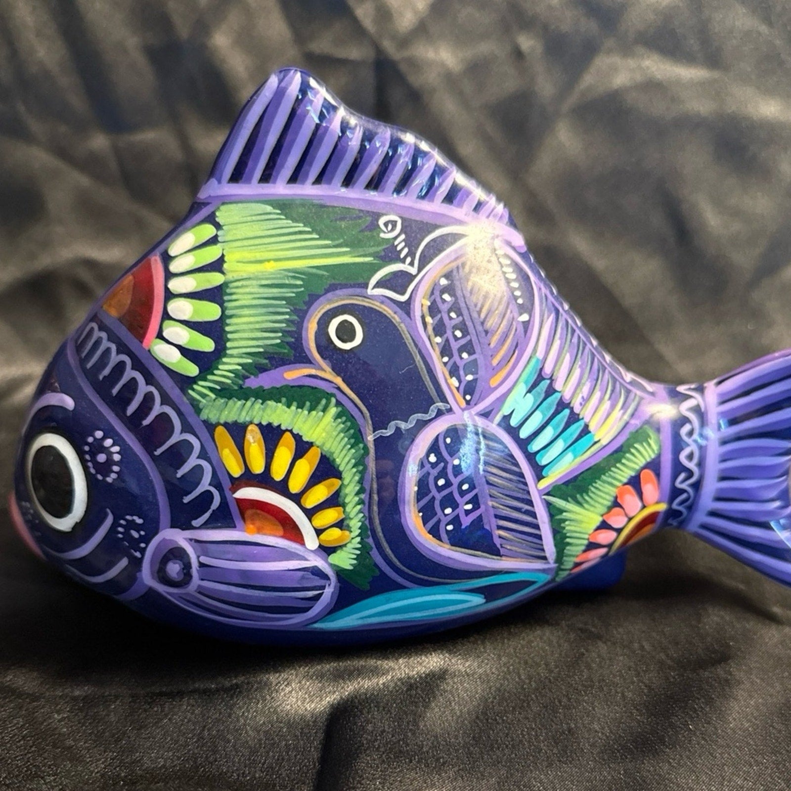 Vintage Mexican Folk Art Hand Painted Terra Cotta Fish Tropical Coin Bank