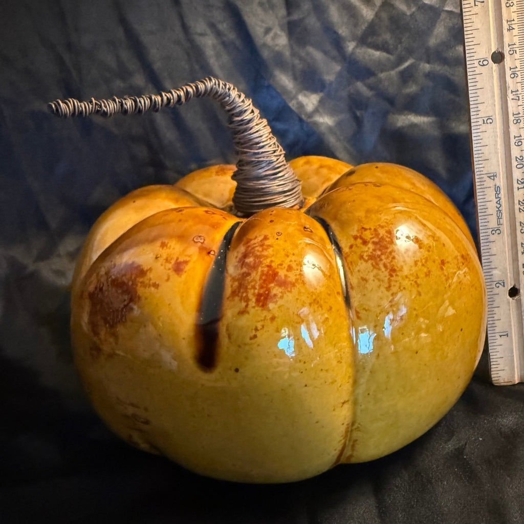 Vintage 2000 Pier 1 Ceramic Pottery Hand Painted Wire Stem Pumpkin