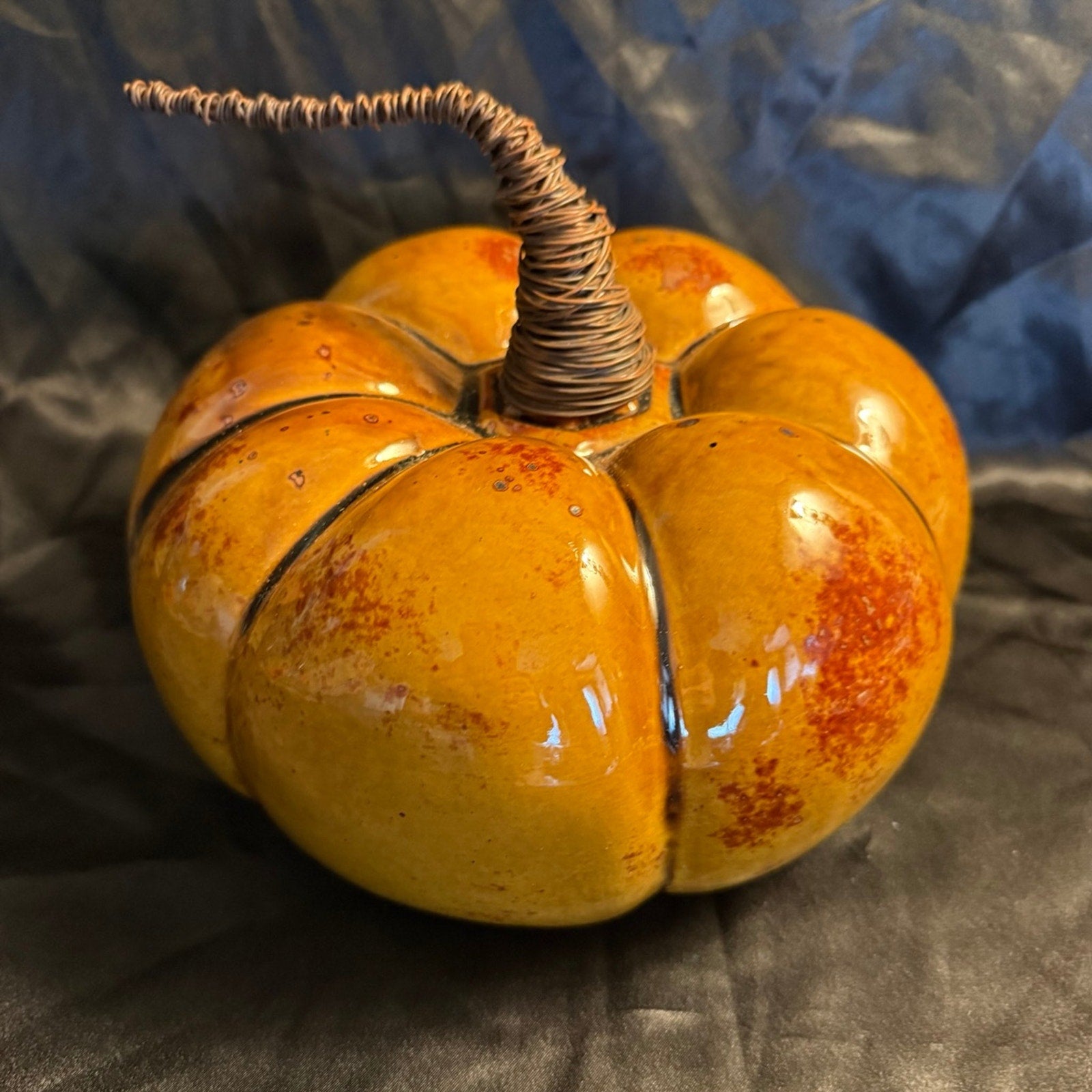 Vintage 2000 Pier 1 Ceramic Pottery Hand Painted Wire Stem Pumpkin