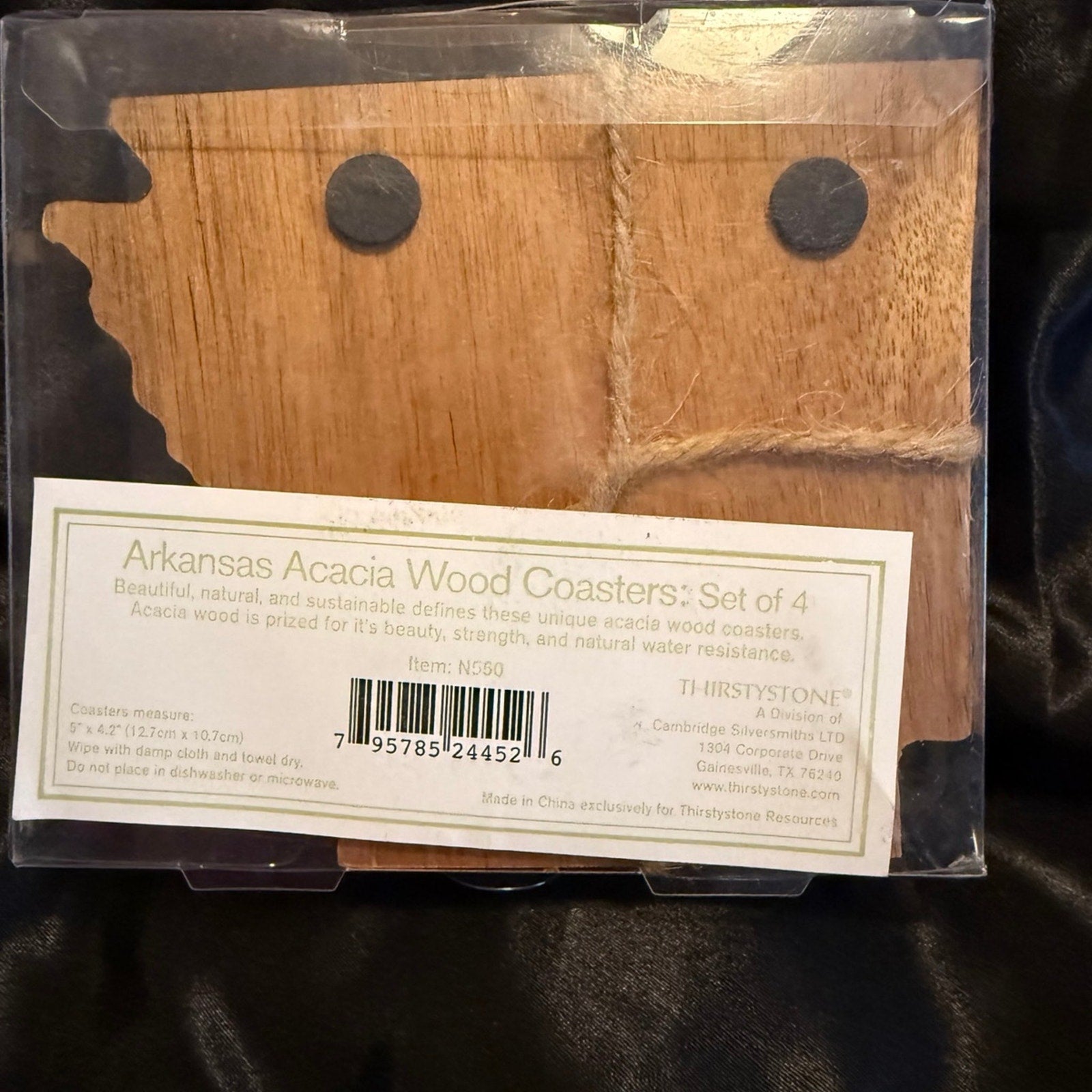 Acacia wood Arkansas shaped coasters set of 4 in pkg New