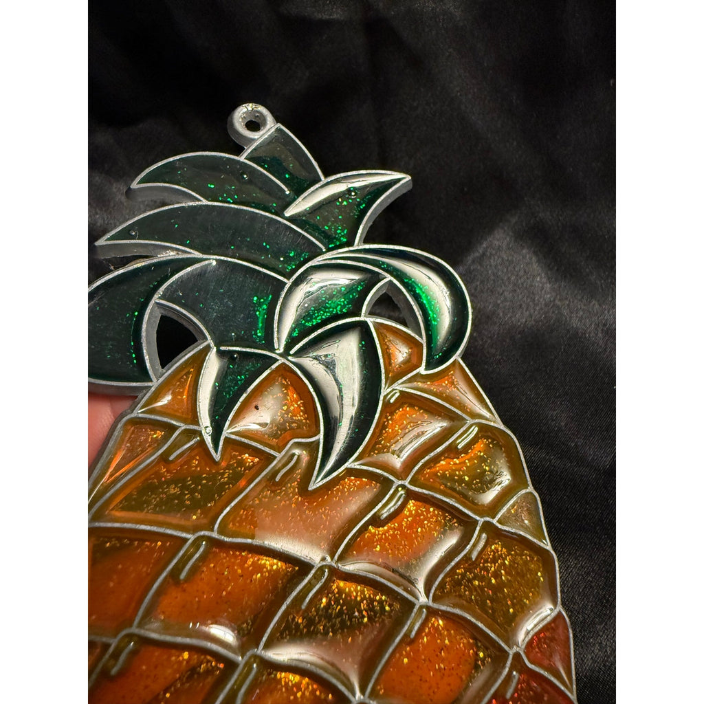 Vintage 70’s Hand Crafted Stained Glass Glittery PINEAPPLE Suncatcher