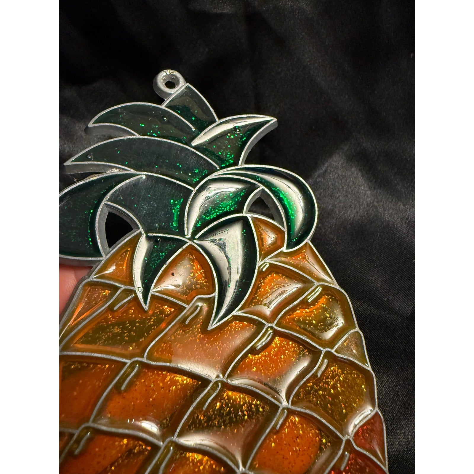 Vintage 70’s Hand Crafted Stained Glass Glittery PINEAPPLE Suncatcher