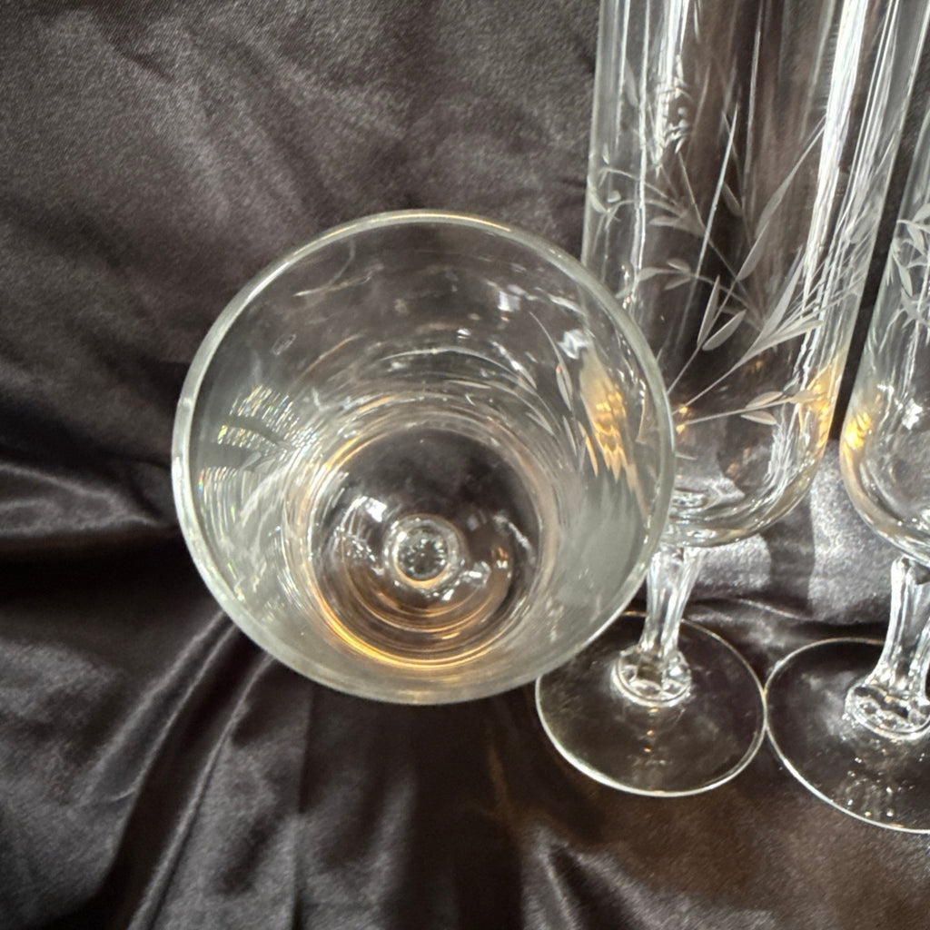 3 Vintage Princess House Etched Blown Glass Champagne Flutes In Wheat Pattern