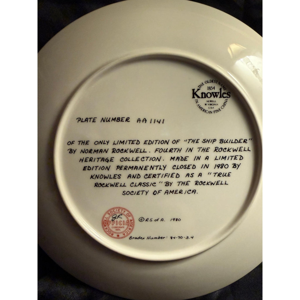 Vintage 1980 Norman Rockwell "The Ship Builder" Collector Plate - Limited Edition COA on Back