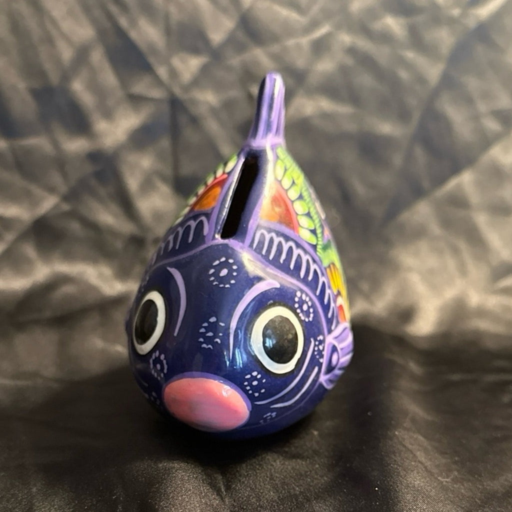 Vintage Mexican Folk Art Hand Painted Terra Cotta Fish Tropical Coin Bank
